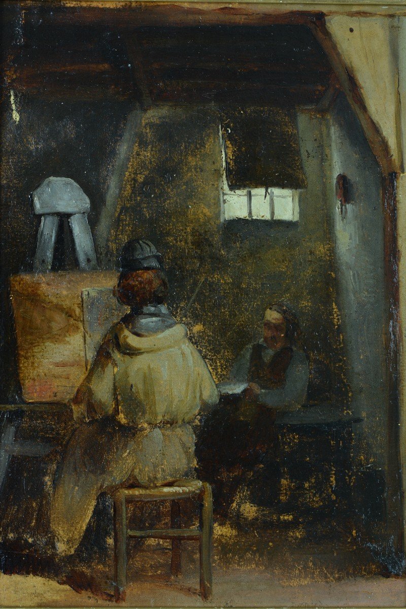 Beau Tableau Ancien Scène D’atelier Moine Peintre Au Chevalet Esp. Granet-photo-4