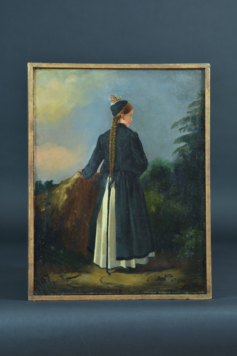 Ancien Tableau Portrait De Jeune Femme Suisse Costume Traditionnel Coiffe Hst-photo-7