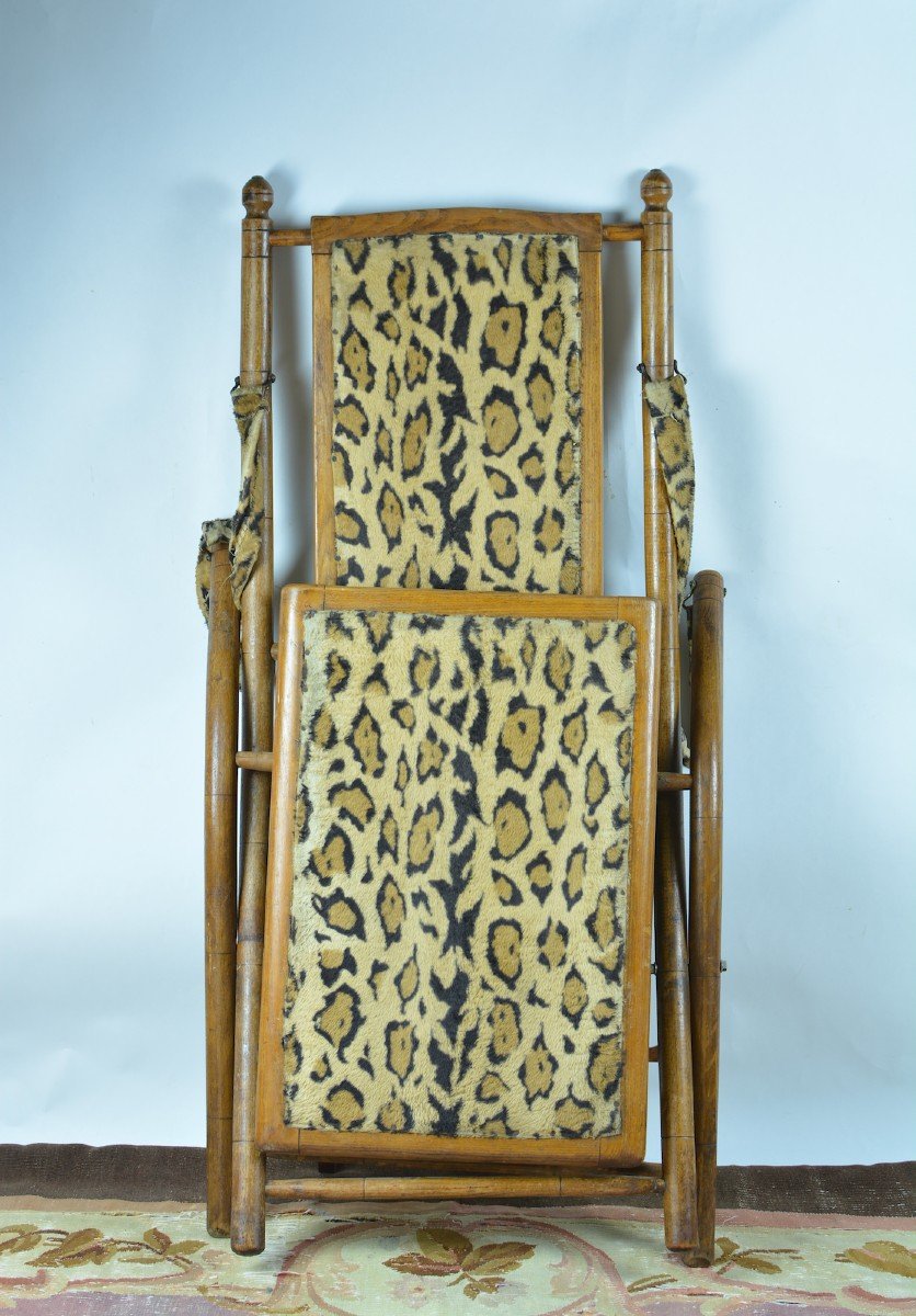 Old Colonial Wood Garden Deck Chair Art Nouveau Leopard Fabric Deco 1900