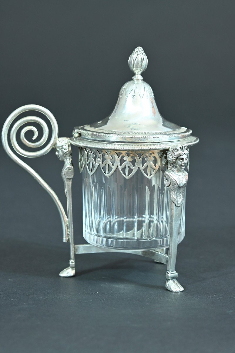 Old Mustard Pot Sterling Silver Crystal Ambroise Mignerot 19th Cariatides Table-photo-2