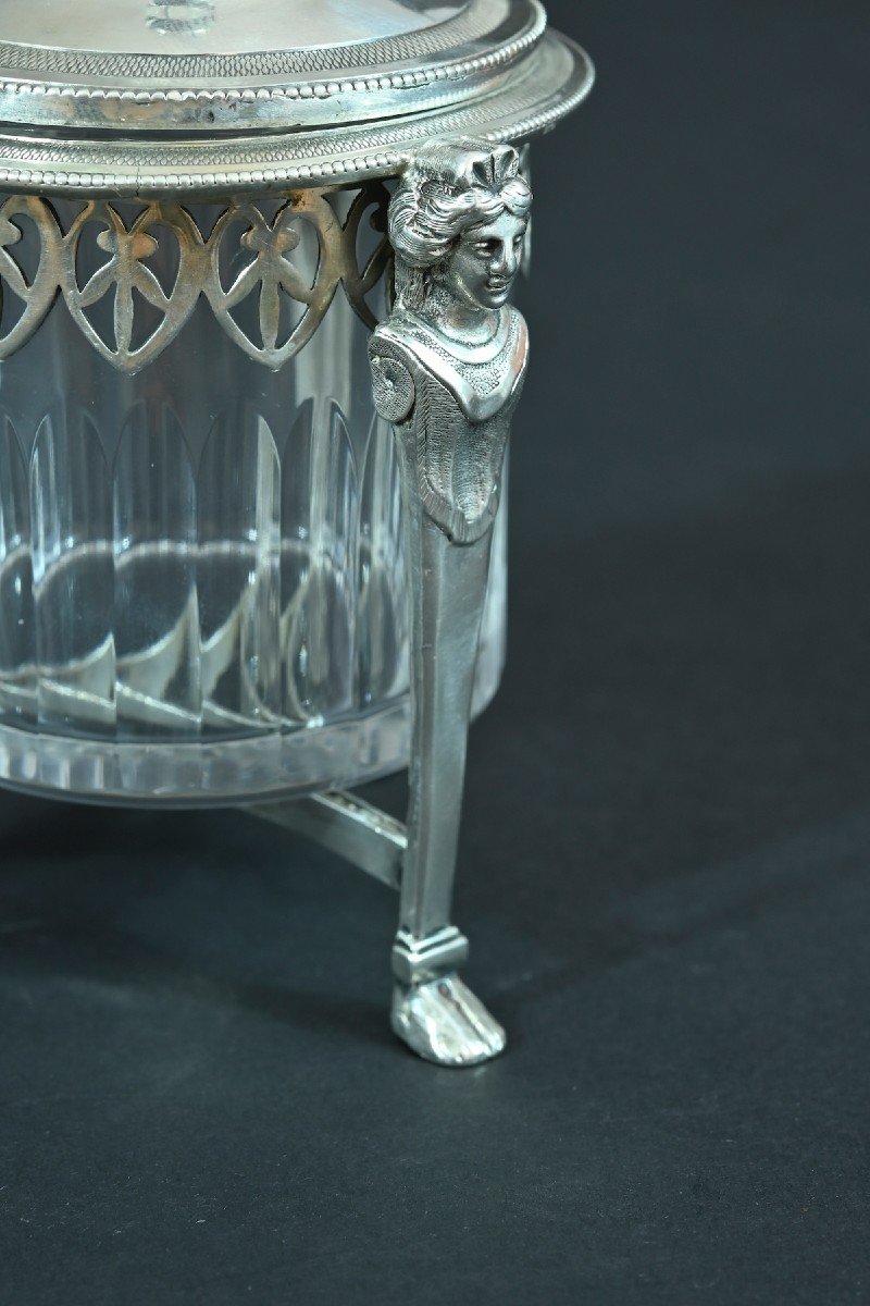 Old Mustard Pot Sterling Silver Crystal Ambroise Mignerot 19th Cariatides Table-photo-3