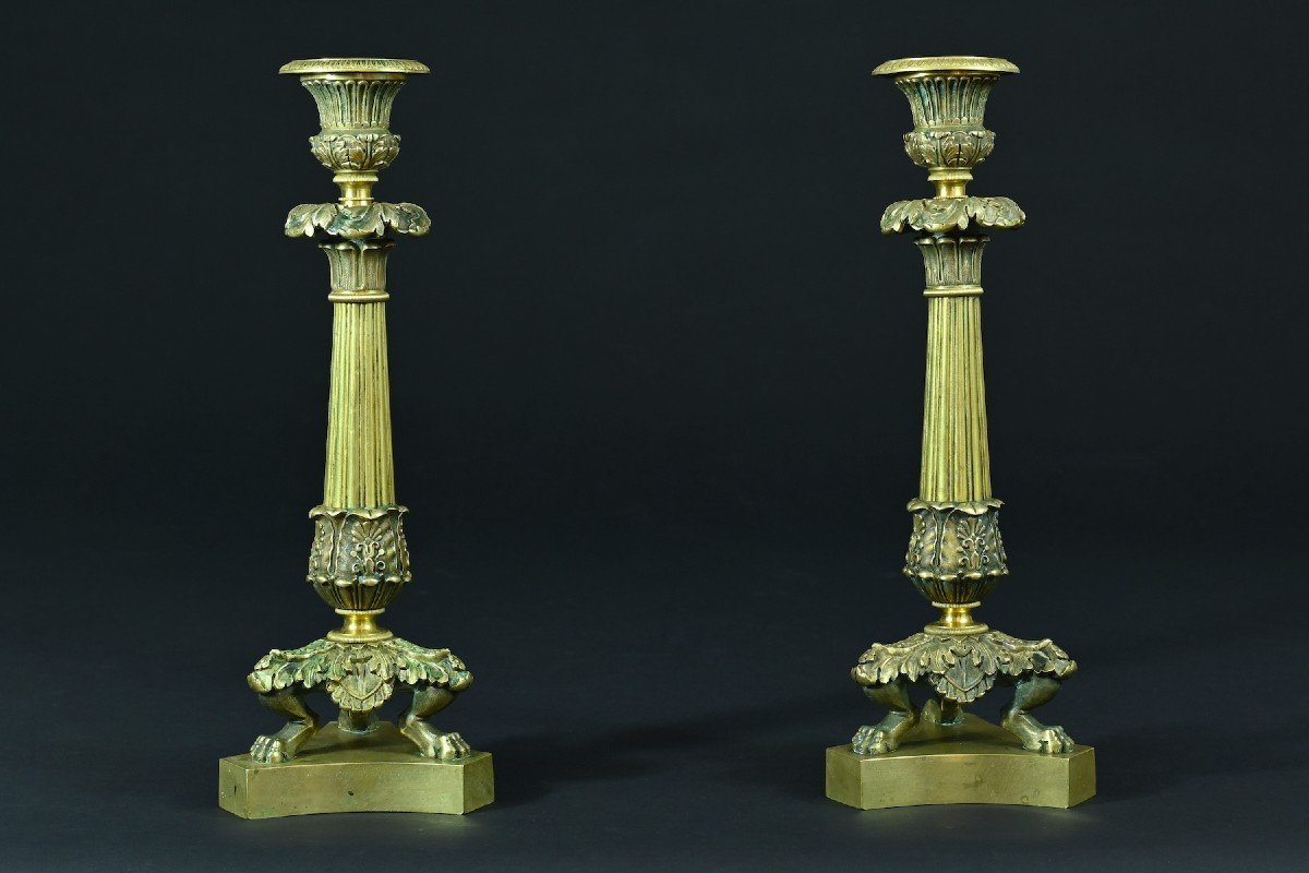 Old Pair Of Empire Candlesticks Claw Foot Gilt Bronze 1820 Candelabra 19th-photo-3