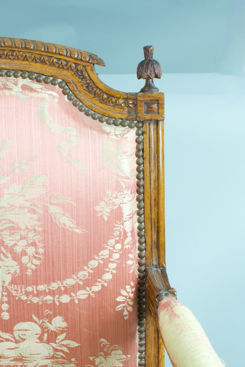 Antique Louis XVI Silk Gadroon Armchair Carved Plumet Wood 18th Time X 2 Style Of  Séné-photo-2