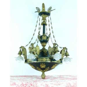 Old Large Empire Chandelier Napoleon Imperial Eagle Gilt Bronze Palmettes Sheet Metal