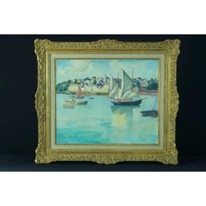 Mary Sophia Ludlow  tableau ancien  port Bateau Marine Bretagne Normandie Anglais 1900 Cadre hst