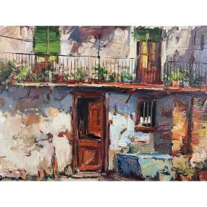 Joan Soler Ancien Tableau Impressionniste Cour De Maison Et Jardin En Espagne  Paysage hst
