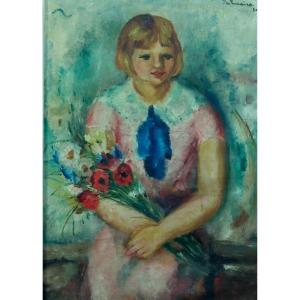 José Palmeiro Old Painting Portrait Little Girl Poppy Bouquet Impressionist Paris