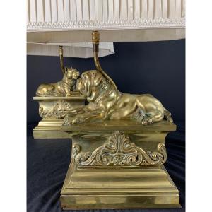 Old Pair Of Large Gilt Bronze Lamps Dog Mastiff 19th Deco Chenet Decor