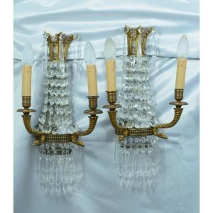 Grandes Lampes Appliques Murales Louis XVI Pampilles Cristal Papilles  Cygne Bronze Lucien Gau