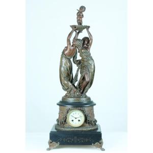 Ancienne Grande Pendule Allégorie De l'Amour Ange Nymphe Pat. Bronze Marbre 19e