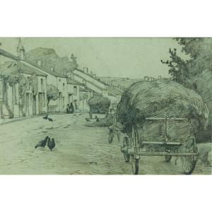 Gabriel Guerin Ancien Dessin  Bourbonne-les-bains Vue Animé Meules Village 1900