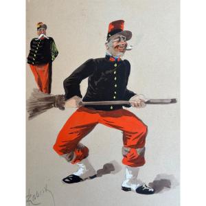 Ancien Tableau Militaria Portrait Militaire Corvée Balaie Caricature Robert X 3