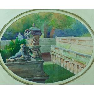 Old Painting Landscape Gardens Of The Fountain Nîmes Nymphaeum Roman Vase Jouve