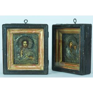 Ancienne  Icône Russe Voyage Coffret Vitrine Vierge à l'Enfant Christ Pantocrator  X  2