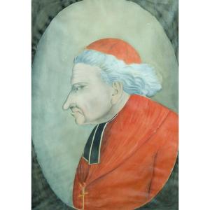 Dessin Ancien Portrait Charge De Prélat Cardinal Profil ovale Aquarelle  Caricature 19ème