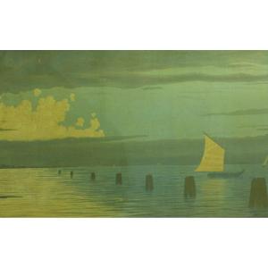  Paul Berthon Old Symbolist Art Nouveau Marine Print Venice Boat 1930