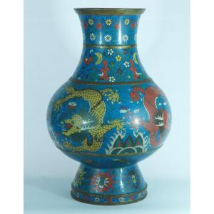 Ancien Grand Vase Hu Ming émail Chinois Dragons Perles Lotus Cloisonné Rare