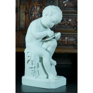 Ancien Grand Sujet En Porcelaine Amour écrivant Petit Scribe Canova Sévres 30 Cm