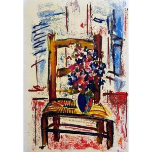  Tony Agostini Beau Tableau Moderne Bouquet De Fleurs Chaise Paillée  Chauffeuse Voeux 1961