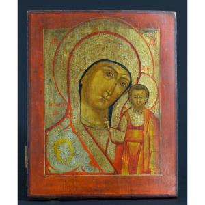 Tableau Ancien Portrait Vierge à l'Enfant Notre Dame de Kazan Icône Retable  19e Russe Lettonie Tempera 
