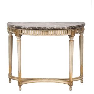 Ancienne Table Console d'époque Louis XVI Bois Sculpté Laqué Gris Marbre