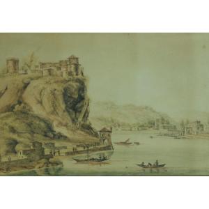 Beau Ancien Dessin Animé Paysage La Saône à Lyon Le Château De Pierre-scize 17e