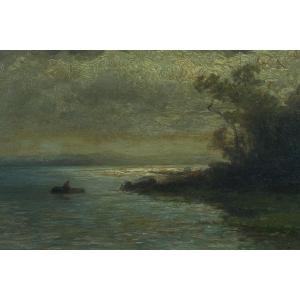 Hendrik Kruseman Van Elten  Tableau Ancien Paysage Animé Barque Rivage Aurore 19e Hollande 