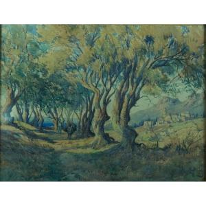 Emile Appay Old Painting Large Corsican Landscape Donkey Path Sea Village Watercolor 84cm 