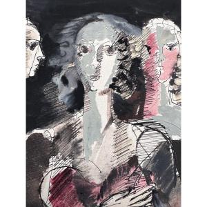 Jean-claude Bedard Beautiful Modern Drawing Pau Portrait Three Women 1957