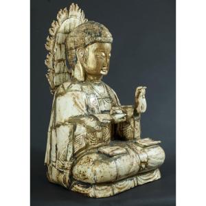 Ancient Statue Large Buddha Deity Carved Bone China Buddhism Religion Signed 56 Cm