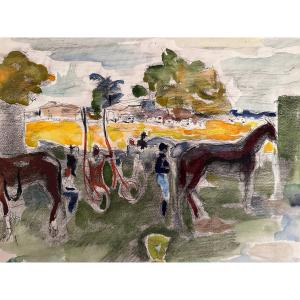 Modern Drawing Horses In The Paddock Jockey Horse Racing Jean Terles Art Deco