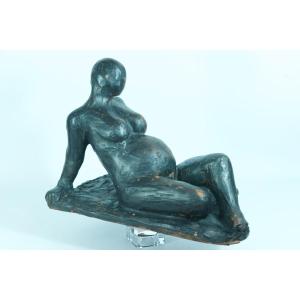 Ancienn Sculpture Portrait De Femme Nue Maternité Noir Terre Cuite Ss° Joseph Andrau