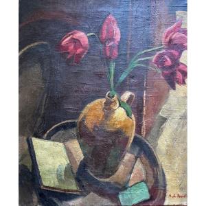  Poncelet  Beau Tableau Ancien Nature Morte Bouquet De Fleurs Tulipe Vase Livre Art Deco