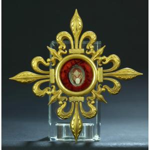 Ancienne Relique Chrétien Saint Barthélémy Apôtre Evangéliste 19e Cadre Fleur De Lys Reliquaire