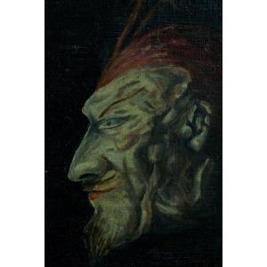 Vigorous Old Painting Portrait Mephistopheles Devil Faust 1930 Theater Painting Signed 