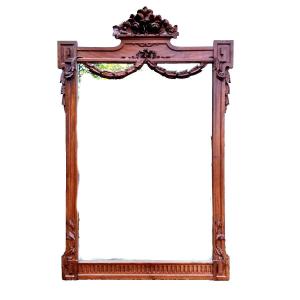 Large Louis XVI Château Mirror Ribbon Peonies Laurel Walnut Carved Wood 2m