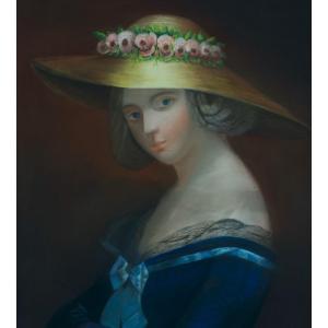 Ancien Tableau Portrait Jeune Femme Chapeau De Paille Rose Allégorie été 19ème Pastel 