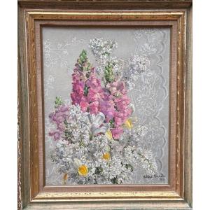 Hélène Rivière Old Painting Bouquet Of Flowers Still Life Lace Hst Impressionist 