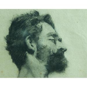 Beautiful Old Drawing Academy Portrait Of A Naked Man With A Clenched Fist French School 19th