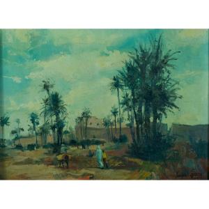 Jacques Garde Old Orientalist Painting Landscape City Of Marrakech Morocco Hst Le Teil 