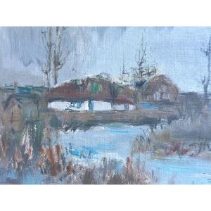 Henry Simon Old Painting Landscape View Breton Marsh Brittany Signed Moulin Vendée Hst Vendéen 