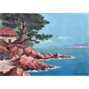 Old Provencal School Painting Animated Seaside Pines Signed 1930 Sv Gustave Vidal Marine