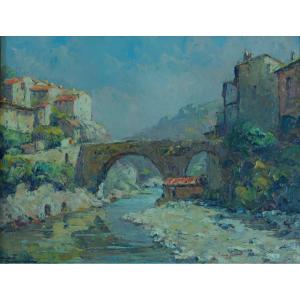 André Beronneau  Ancien Tableau Peinture Vue Du Village De Jaujac Pont Ardèche