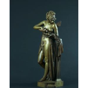 Carrier-Belleuse  Grand Bronze Ancien Muse Psyché Eros Lampe Antique Amour 19e