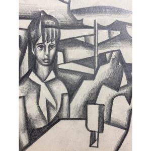 Marius Woulfart Dessin  Cubiste Portrait Couple Terrasse De Café Bord De Mer Cannes Judaica 