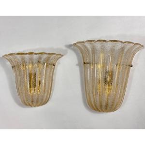 Pair Of Murano Glass Wall Lamp Barovier Toso Golden Straw 1960 Vintage Design 