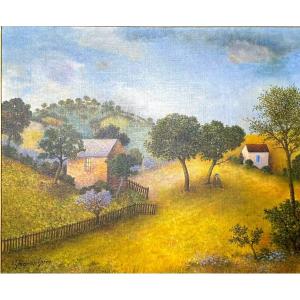 GHIGLION-GREEN  Ancien Tableau Naïf  Paysage Valloné Animé Hst Cadre 75cm Cannes Naive 