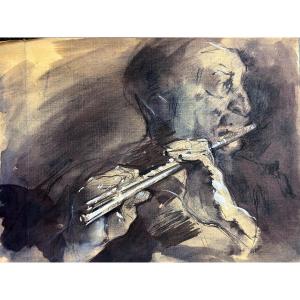 Jean Terles Old Drawing Portrait Musician The Flutist Concert Flute Ink Wash 1930