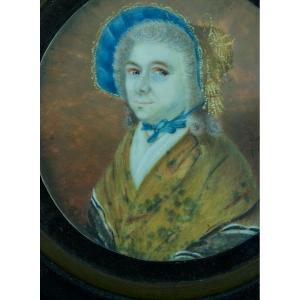 Ancienne Miniature Reliquaire 18e Portrait De Femme Châle Soierie Signé 1798 Cheveux