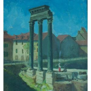 Old Painting View Italy Temple Rome Castor And Pollux Animated Summer Hst Grand Tour